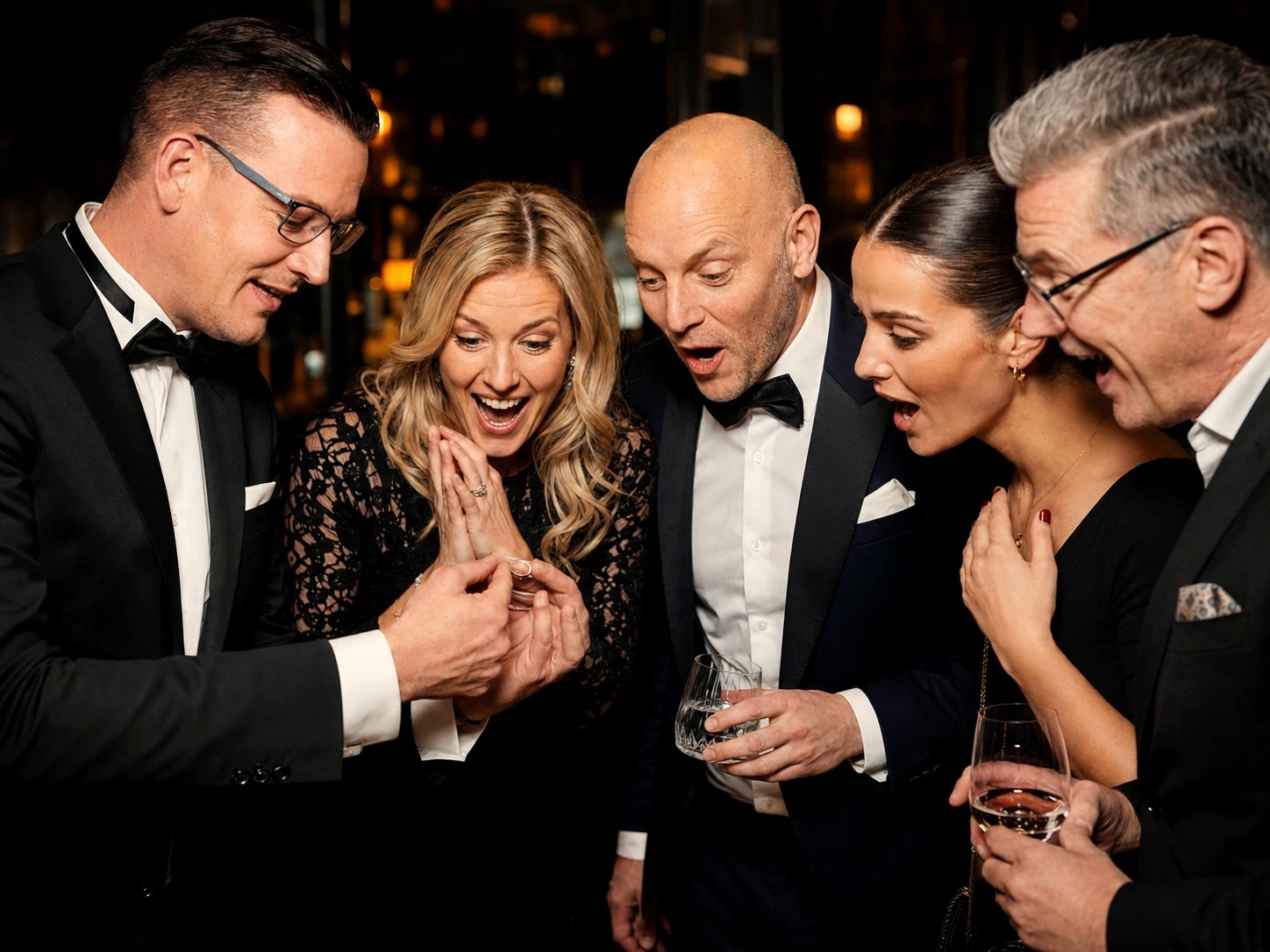Amazed guests during black-tie close-up magic